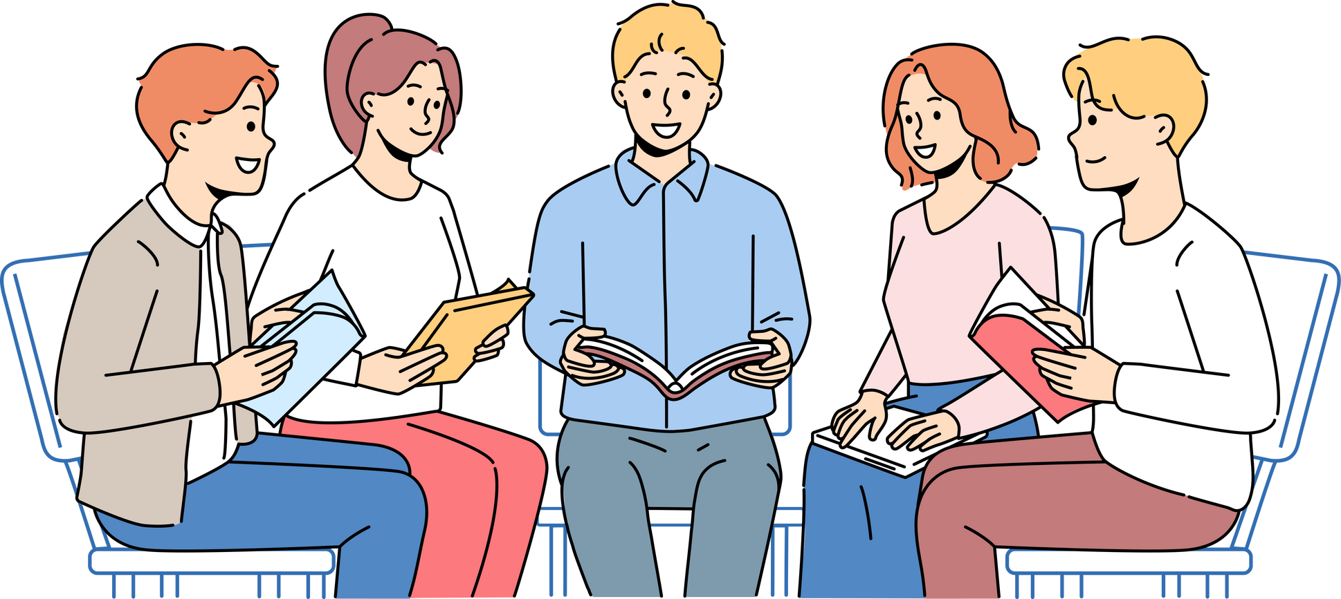 Smiling people reading book sitting in circle